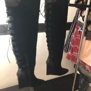 Black thigh high lace up wedge boots new